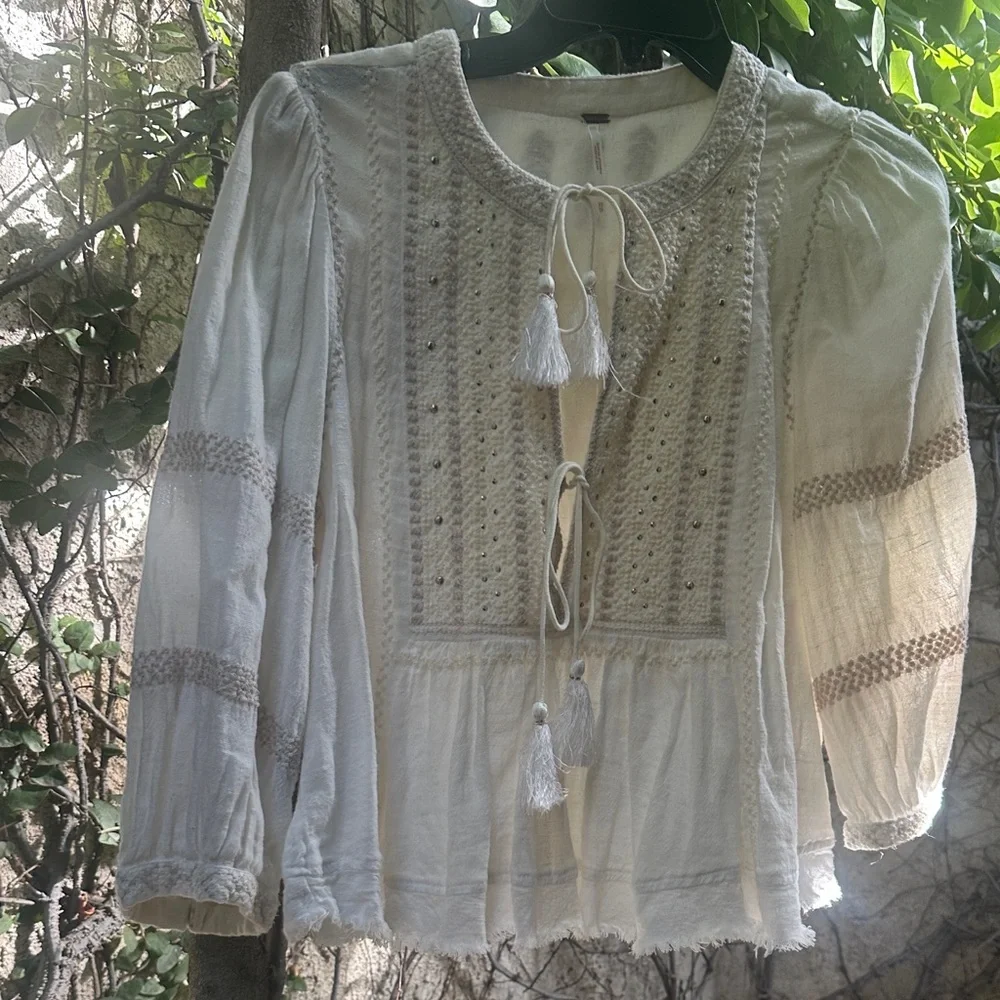 Free People Wildlife Embroidered 3/4 Sleeve Top